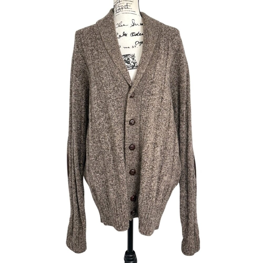 Jos. A Bank  Mens XL Shawl Collar Cardigan Lamb Wool Brown Elbow Patches Grandpa
